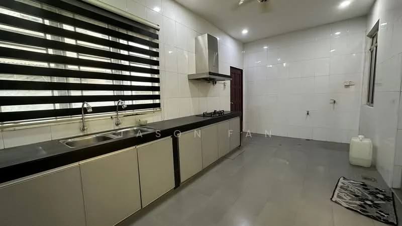 Kitchen features: single-bowl stainless-steel sink, chrome pull-down faucet, black countertop, white tiled backsplash, built-in gas stove, stainless-steel range hood, grey ceramic tile flooring, white painted walls, roller blinds on windows, wall-mounted cabinets, open shelving, window with view to outside; style: modern.