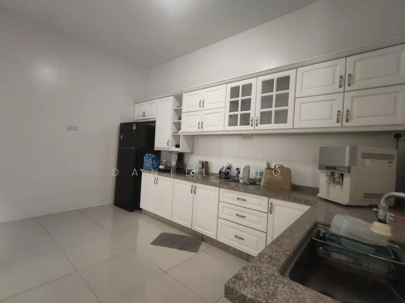 Kitchen features: white shaker cabinets, granite countertop, stainless-steel sink, chrome pull-down faucet, built-in microwave, black refrigerator, dishwasher, ceramic tile flooring, white tiled walls, glass-front upper cabinets, kitchen island, under-cabinet lighting; style: modern.