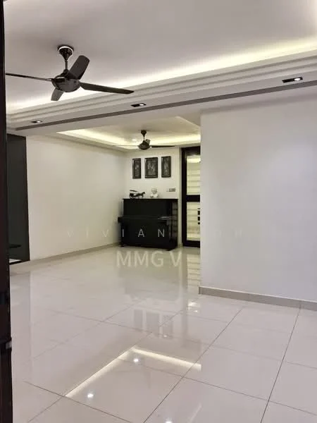 Living features: white painted walls, glossy tile flooring, recessed downlights, 5-blade ceiling fan, 2 ceiling fans, decorative wall frames, open layout, neutral color scheme; style: modern.