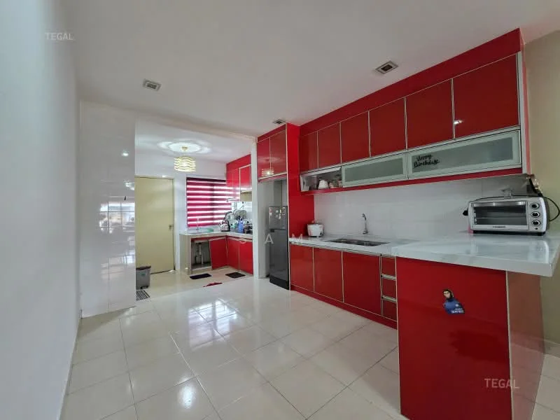 Kitchen features: red high-gloss cabinetry, white quartz countertop, single-bowl stainless-steel sink, chrome pull-down faucet, built-in oven, stainless-steel microwave, ceramic tile flooring, recessed downlights, window with sheer curtains, kitchen island, open shelving, decorative wall paneling; style: modern.