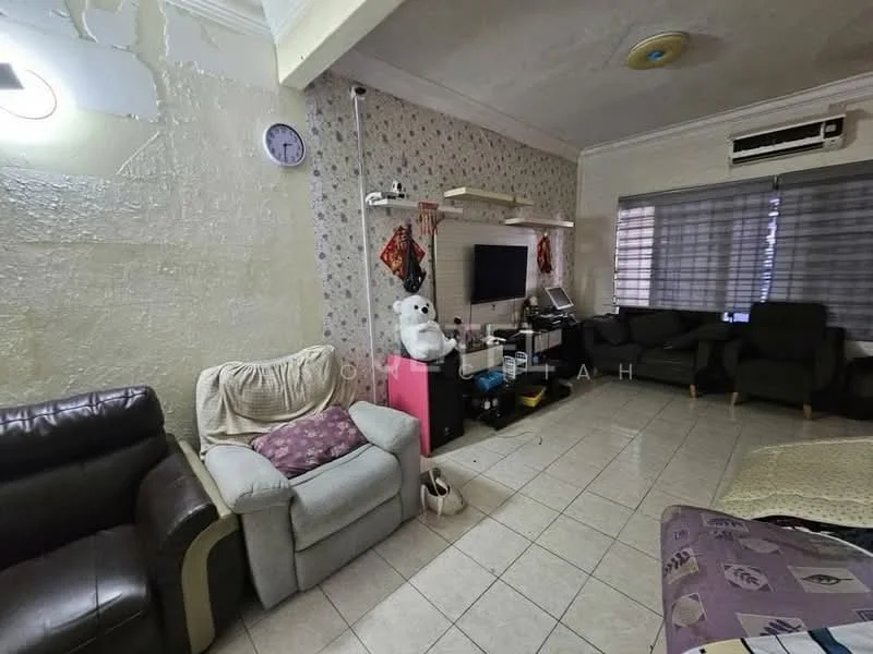 Living features: cream painted walls, tiled flooring, sofa in dark brown leather, armchair in light fabric, coffee table, TV console, wall-mounted TV, curtains on windows, ceiling fan, wall clock, decorative items on shelves, light fixture on ceiling.