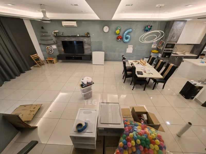Living features: large flat-screen TV, white TV console, grey accent wall, recessed ceiling lights, ceiling fan, dining table with chairs, tile flooring, decorative wall clock, wall-mounted decor, open layout, curtains, boxes and packing materials; style: modern.