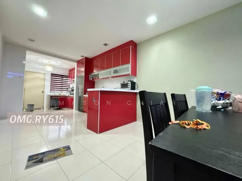Kitchen features: red cabinetry, white countertop, stainless-steel sink, built-in microwave, freestanding range oven, ceramic tile flooring, recessed downlights, kitchen island, open layout to dining area; style: modern. Dining features: black dining table, black dining chairs, decorative items on table, ceramic tile flooring; style: modern.