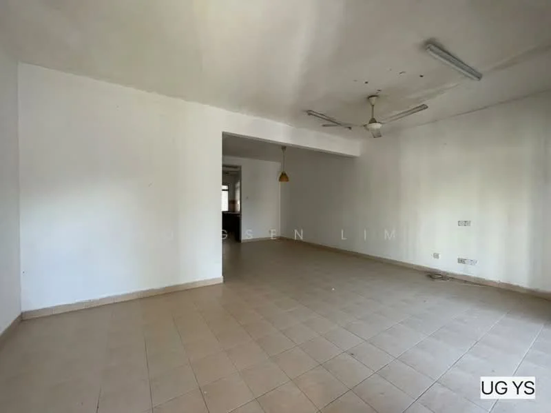 Room features: white painted walls, ceiling with exposed beams, ceiling fan, tile flooring, natural light from windows, light fixture hanging from ceiling, open layout, no visible furniture; style: minimalist.