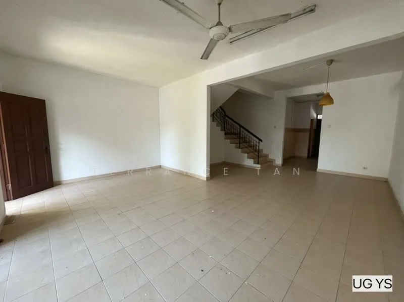 Room features: white painted walls, tiled flooring, ceiling fan, staircase, pendant light, doorway, large open space, natural light from windows.