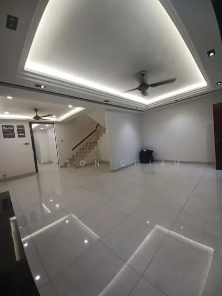 Living features: white painted walls, polished ceramic tile flooring, tray ceiling with recessed lighting, 2 ceiling fans, staircase in background, wall-mounted lighting, open layout, no visible furniture; style: modern.