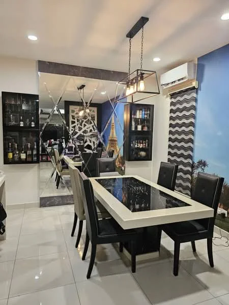 Dining features: rectangular dining table with glass top, 6 upholstered dining chairs in black, chandelier light fixture, wall-mounted air conditioning unit, mirrored wall with decorative design, black cabinetry with glass doors, decorative wall with blue and white pattern, white tiled flooring, recessed ceiling lights; style: modern.