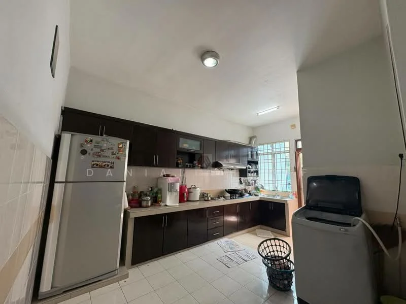 Kitchen features: dark wood cabinetry, white tiled backsplash, white ceramic tile flooring, stainless-steel fridge, built-in countertop with sink, kitchen window with natural light, microwave on countertop, dish rack, laundry area with washing machine, basket for laundry, multiple kitchen appliances, light fixture on ceiling; style: modern.