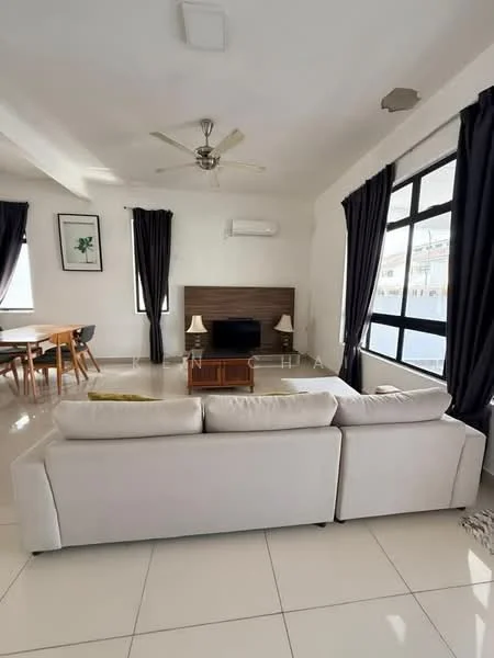 Living features: 3-seater fabric sofa in white, ceiling fan with light, wall-mounted TV, wooden TV console, large windows with black curtains, white painted walls, glossy tile flooring, dining table with chairs visible in background; style: modern.