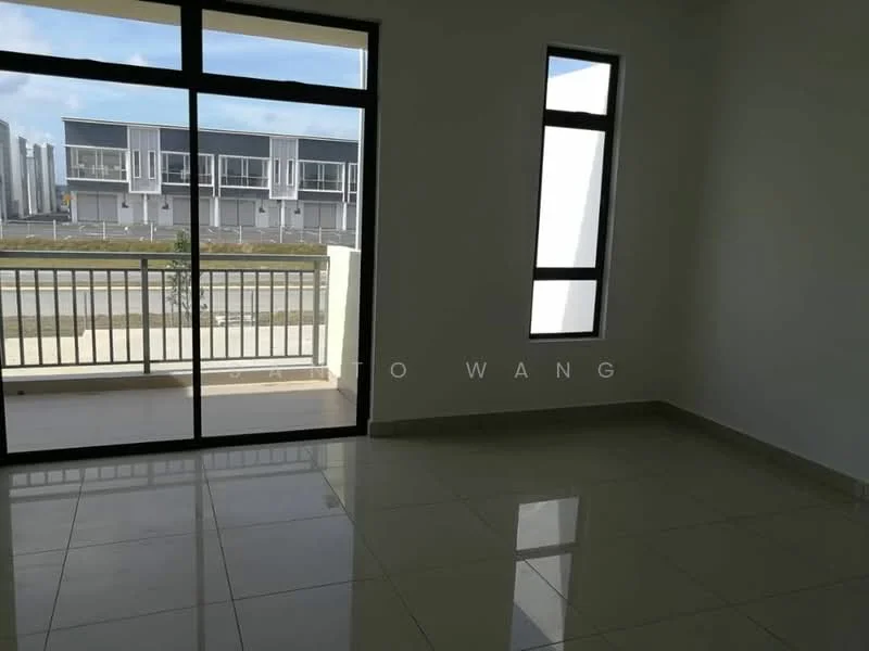 Room features: large sliding glass door, floor-to-ceiling windows, white painted walls, cream tiled flooring, balcony access, natural light from windows, minimalist design, open layout; style: modern; view: street.