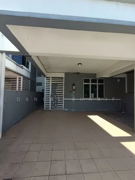Exterior features: covered car porch, grey painted walls, tiled flooring, overhead lighting, security grille, large window, open space, no visible landscaping; style: modern.