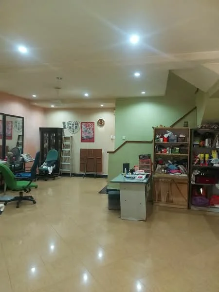 Room features: cream painted walls, green accent wall, tile flooring, recessed downlights, ceiling fan, wooden shelving unit, glass display cabinet, office chair, ladders, various items on shelves; style: traditional.