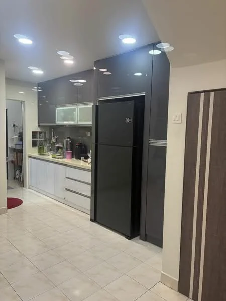 Kitchen features: white cabinetry with flat-panel design, black refrigerator, stainless-steel sink, chrome pull-down faucet, white countertop, ceramic tile flooring, recessed LED downlights, built-in oven, microwave, kitchen island, open shelving, wall-mounted cabinets; style: modern.