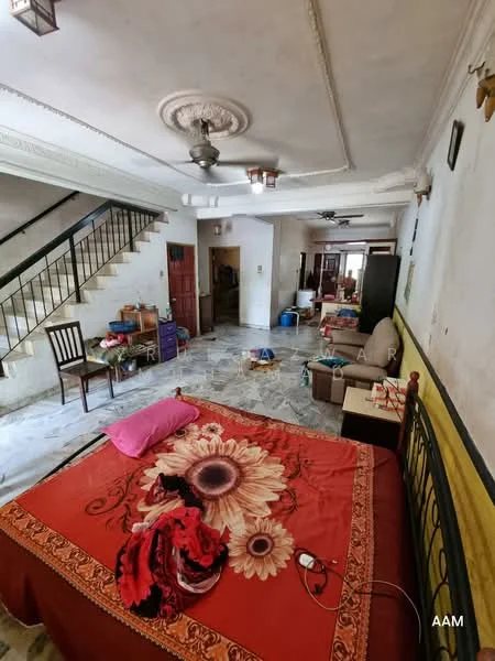 Room features: marble flooring, white painted walls, ceiling rose, 5-blade ceiling fan, staircase with metal railing, decorative wall molding, large window, furniture including sofa and chairs, bed with floral bedspread, various decorative items, open space layout; style: traditional.