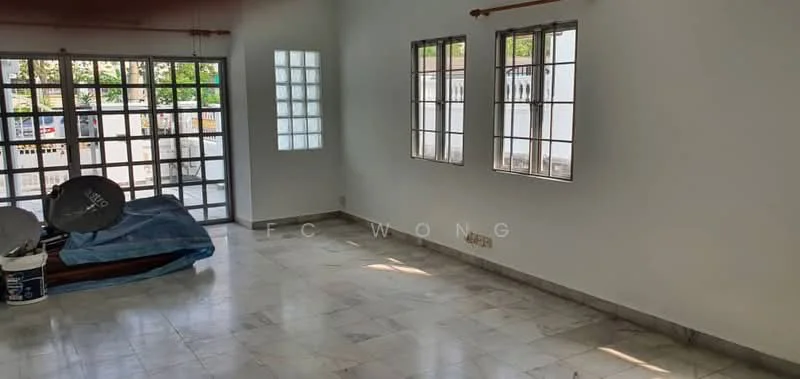 Living features: white painted walls, marble tile flooring, large windows with grid pattern, sliding glass door, ceiling with recessed lighting, decorative cornice, open layout, natural light from multiple sources; style: modern; view: garden.