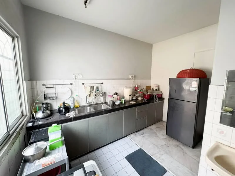 Kitchen features: grey painted walls, white tiled backsplash, black cabinetry, stainless-steel sink, chrome faucet, built-in refrigerator, countertop with appliances, marble tile flooring, window with metal grille, kitchen utensils and containers; style: modern.