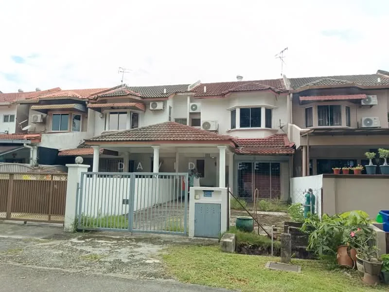 Exterior type: linked terrace house; features: two-storey building, red tiled roof, white painted facade, front porch with gate, manicured garden area, multiple wall-mounted split AC units, paved driveway, front fence, outdoor water tap, planters with greenery; style: modern.