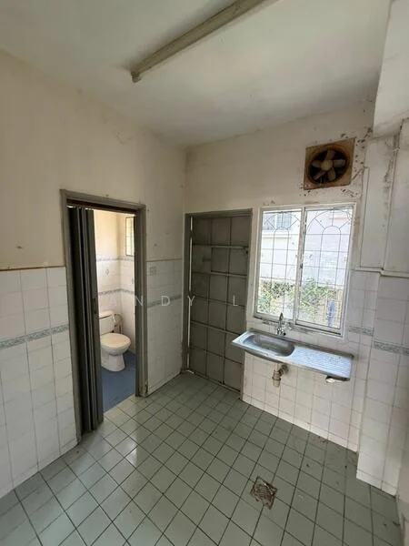 Bathroom features: white tiled walls, grey tiled flooring, window with metal grille, sink with wall-mounted faucet, exhaust fan, toilet, door to adjacent room; view: garden.