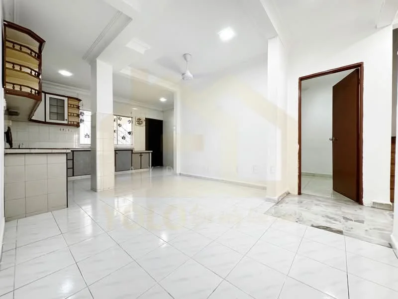 Room features: white tiled flooring, plain white walls, ceiling with recessed lighting, 5-blade ceiling fan, open layout, kitchen cabinetry with wooden finish, countertop with tiled surface, doorway leading to another room, window with grill, light-colored wall tiles in kitchen area; style: modern.