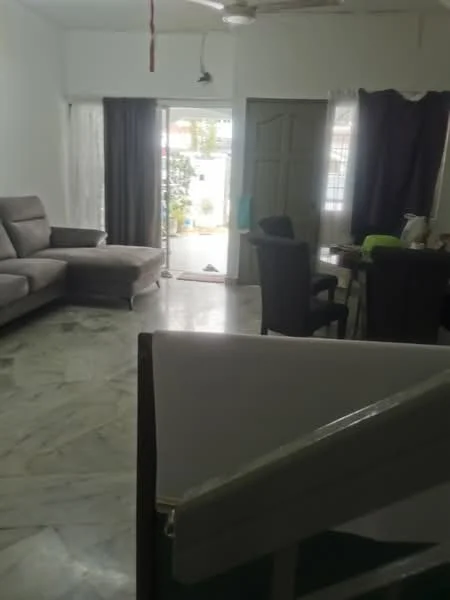 Living features: grey fabric sectional sofa, marble flooring, white painted walls, floor-to-ceiling windows, sheer curtains, dark curtains, ceiling fan, dining table with chairs; style: modern; view: garden.