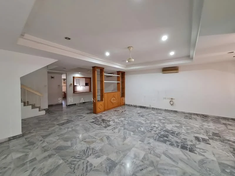 Living features: marble flooring, white painted walls, recessed downlights, ceiling fan, built-in shelving unit, air conditioning unit, open layout, staircase leading to upper floor; style: modern.