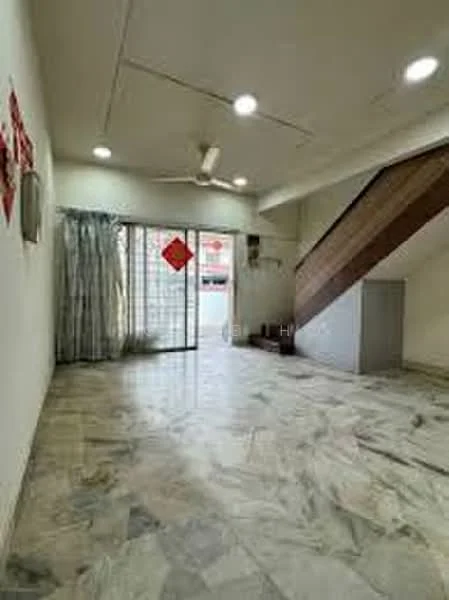 Living features: marble flooring, white painted walls, ceiling fan, sliding glass door, curtains, staircase with wooden railing, decorative wall art, recessed lighting; style: modern.