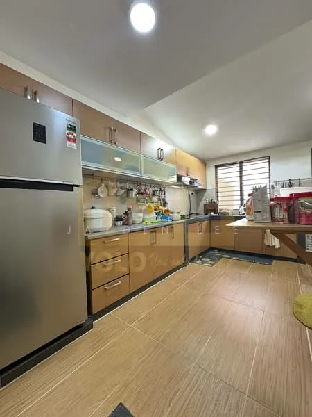 Kitchen features: stainless-steel fridge, wood cabinetry with flat-panel design, laminate countertop, single-bowl stainless-steel sink, chrome pull-down faucet, ceramic tile backsplash, built-in oven, freestanding range oven, microwave, kettle, toaster, open shelving, tile flooring, recessed downlights; style: modern.