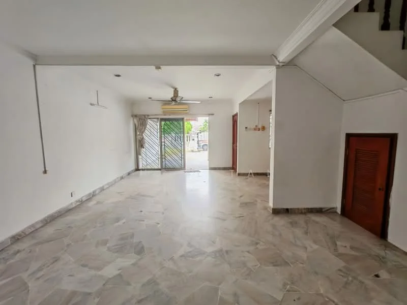 Living features: marble flooring, white painted walls, ceiling fan, sliding glass door, window with sheer curtains, staircase, built-in storage cabinet, natural light from window; style: modern; view: garden.