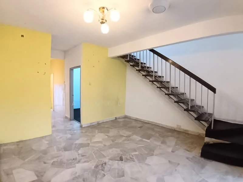 Room features: yellow painted walls, white walls, marble flooring, staircase with metal railing, ceiling light fixture with multiple bulbs, open layout, doorway leading to another room, corner wall with no visible features; style: modern.