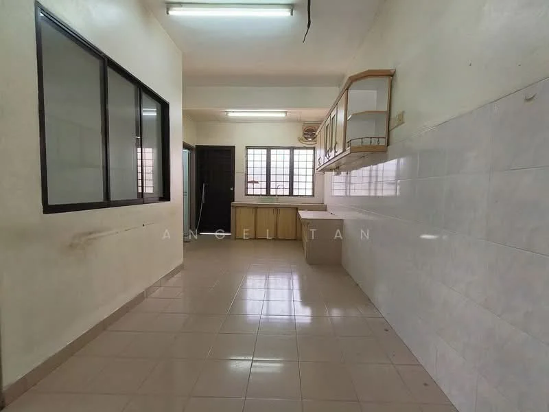 Kitchen features: white painted walls, cream tiled flooring, ceiling lights, window with black frames, kitchen cabinetry with glass fronts, countertop, open layout, tile backsplash.