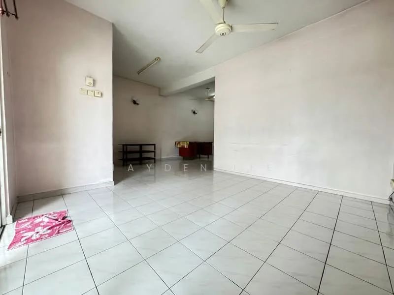 Room features: white painted walls, glossy white tile flooring, ceiling fan, 2 ceiling fans, large windows, natural light, empty space, no visible furniture; style: minimalist.