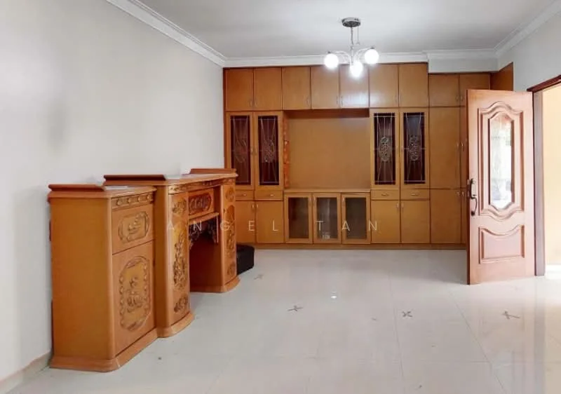 Living features: cream painted walls, glossy tile flooring, wooden cabinetry with glass doors, built-in display cabinet, decorative wooden console, recessed ceiling lights, single pendant light fixture, door with wooden frame; style: traditional.