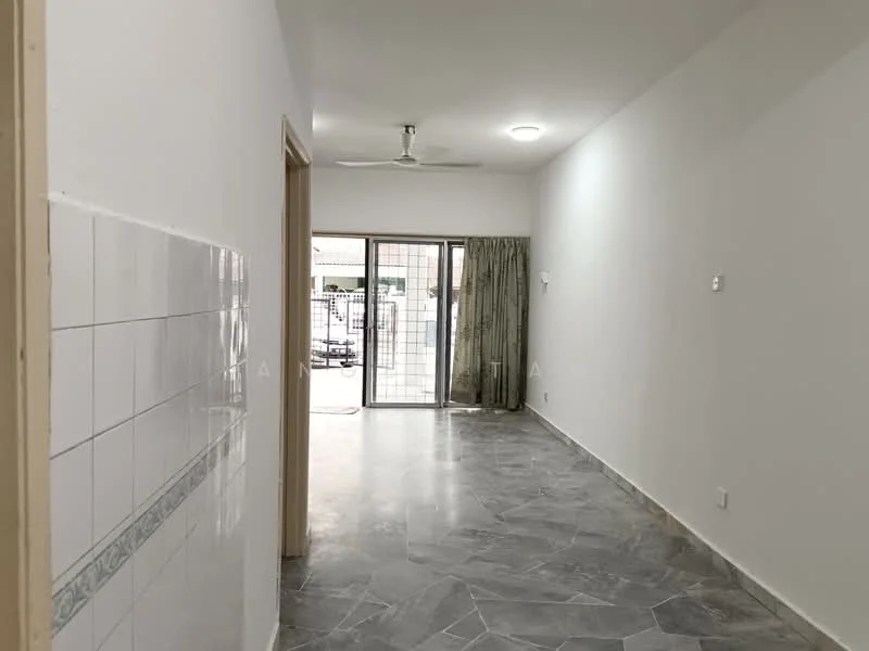 Room features: white painted walls, grey marble flooring, ceiling fan, sliding glass door, curtains, light fixture, doorway leading outside; style: modern.