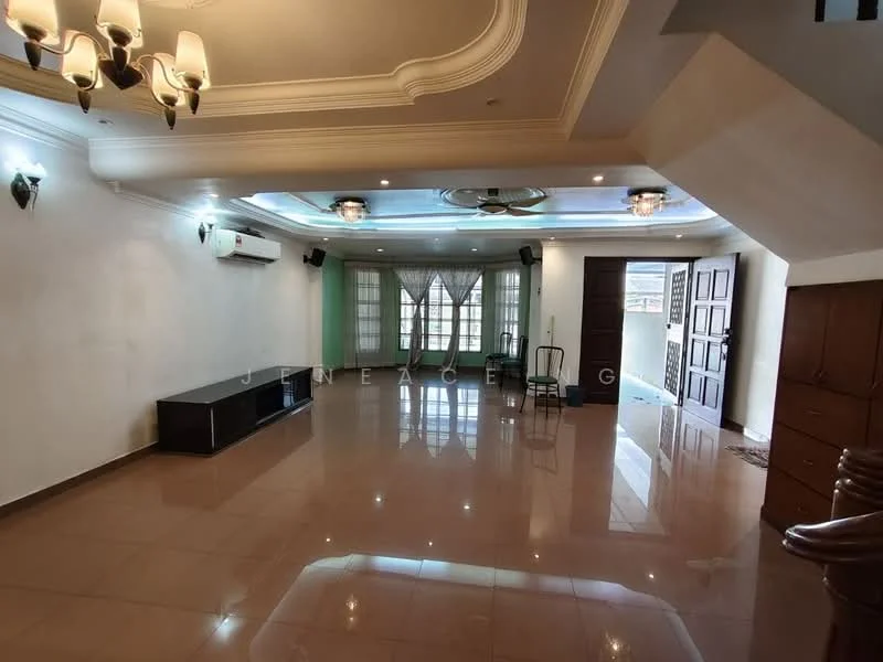 Living features: glossy tile flooring, white painted walls, tray ceiling with decorative moulding, recessed downlights, 5-blade ceiling fan, wall-mounted split AC, large windows with sheer curtains, double doors leading outside, TV console, decorative wall sconces; style: modern; view: garden.