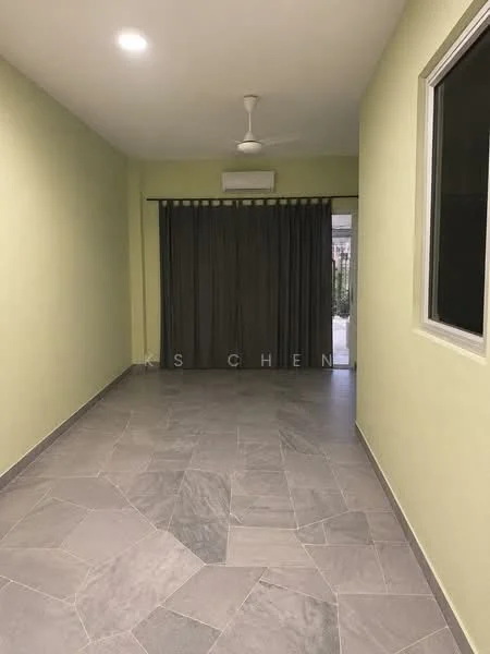 Room features: light green painted walls, grey stone flooring, ceiling fan, wall-mounted split AC, curtains, window, door leading outside; style: modern.