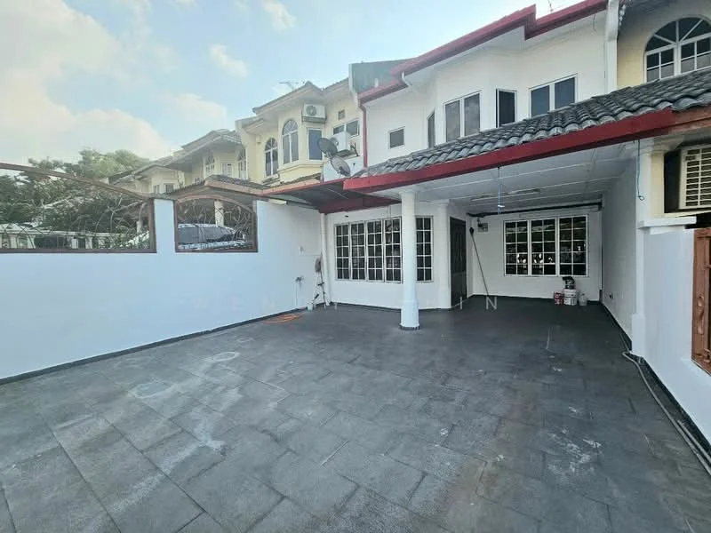Exterior type: linked terrace house; features: paved flooring, white painted walls, overhead ceiling with lights, large windows, red tiled roof, outdoor space, surrounded by greenery, air conditioning unit visible; style: modern.