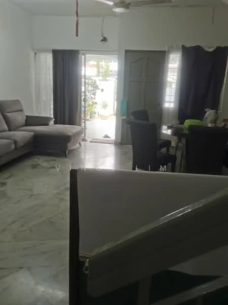 Living features: grey fabric sectional sofa, marble flooring, white painted walls, ceiling fan, sliding glass door, sheer curtains, dark curtains, decorative plants, coffee table, dining table with chairs; style: modern; view: garden. Room features: staircase, white walls.