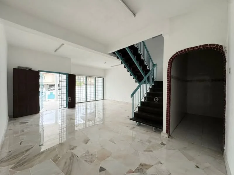 Living features: white painted walls, marble tile flooring, floor-to-ceiling windows, double doors, staircase with blue railing, arched doorway, high ceiling, natural light; style: modern. Room features: white painted walls, tile flooring.
