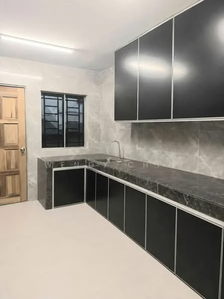 Kitchen features: black cabinetry with silver trim, grey marble countertop, single-bowl stainless-steel sink, chrome faucet, tile backsplash, light-colored flooring, window with black metal grille, wooden door, recessed ceiling lights; style: modern.