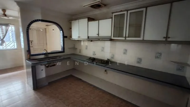 Kitchen features: grey countertop, white cabinetry with glass-front upper cabinets, single-bowl stainless-steel sink, chrome pull-down faucet, tile backsplash, wall-mounted light fixture, floor tiles in beige, open layout to adjacent room, window for natural light, exhaust fan, built-in stove, kitchen island with seating area.