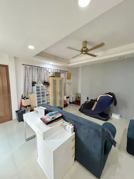 Living features: grey accent wall, white painted walls, ceiling fan, sofa in dark blue, coffee table, TV console, storage cabinet, curtains, tile flooring, recessed downlights; style: modern.