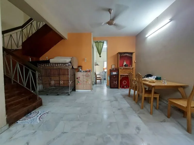 Living features: marble flooring, orange painted walls, ceiling fan, wooden dining table with chairs, wooden cabinet, staircase with metal railing, area rug, wall-mounted light, green curtains; style: modern.