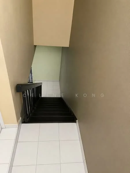 Room features: staircase with black railing, white tiled flooring, light beige painted walls, green accent wall, natural light from upper level; style: modern; view: stairwell.