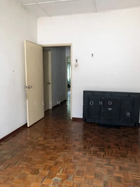 Room features: white painted walls, parquet wood flooring, single door, light switch, window with natural light, baseboards, ceiling with no visible fixtures, empty space.
