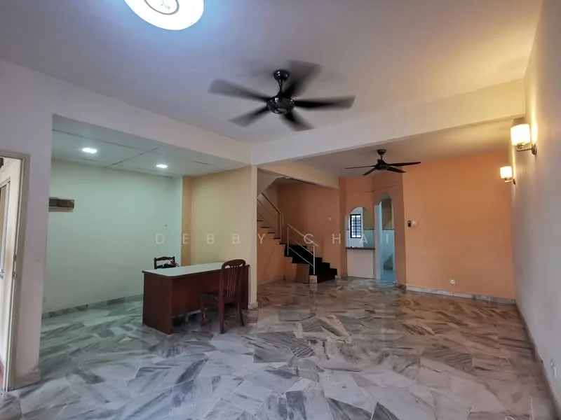 Living features: marble flooring, cream painted walls, 5-blade ceiling fan, 2 wall-mounted light fixtures, large window, open layout, dining table with chairs, staircase leading to upper floor; style: modern. Room features: ceiling lights, wall with door leading to another room.