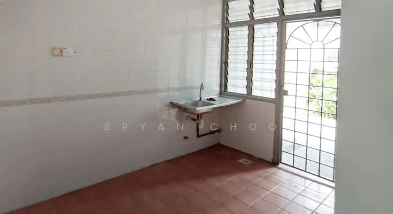 Laundry features: single-bowl stainless-steel sink, wall-mounted faucet, white tiled walls, terracotta tile flooring, window with metal grille, natural light from window, open space, drainage outlet; view: garden.
