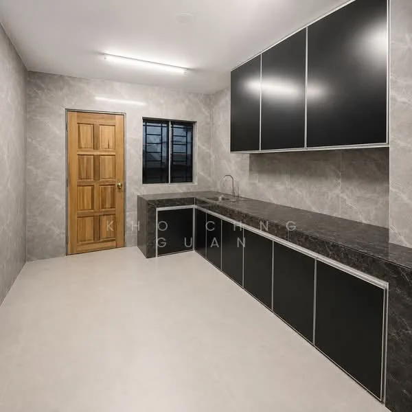 Kitchen features: black cabinetry with flat-panel design, marble countertop, single-bowl stainless-steel sink, chrome pull-down faucet, grey tiled walls, light grey tile flooring, wooden door, black framed window, LED ceiling lights; style: modern.