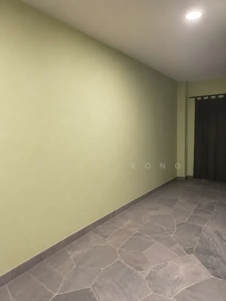 Room features: green painted walls, grey stone tile flooring, curtains, recessed ceiling lights.