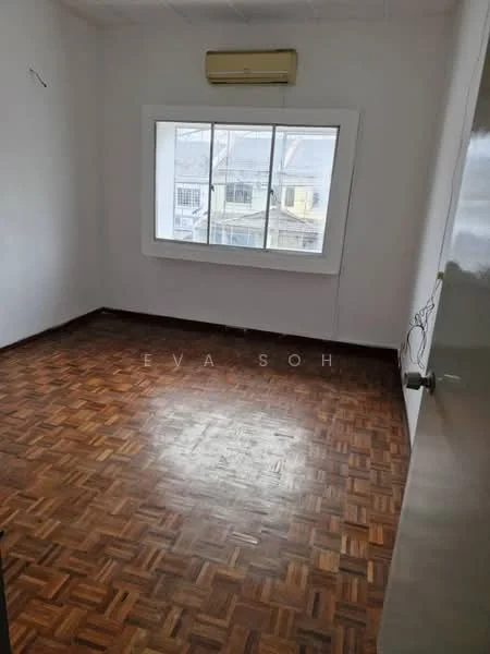 Room features: parquet wood flooring, white painted walls, floor-to-ceiling window, window with view of street, 1 wall-mounted split AC; view: street.