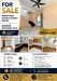 Living features: cream painted walls, wooden flooring, 5-blade ceiling fan with light, large window with natural light, staircase with wooden railing, decorative wall art, area rug with geometric pattern, wall-mounted TV, sofa, coffee table; style: modern.